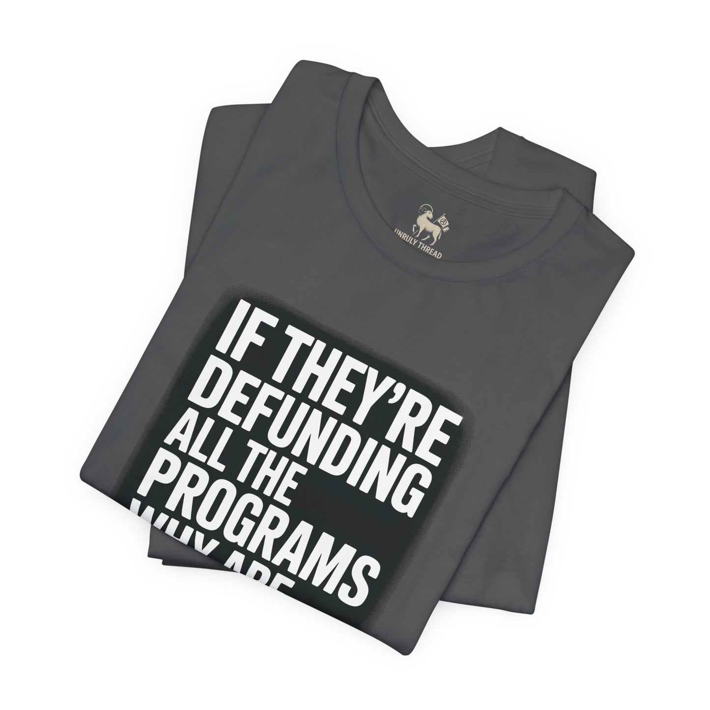 “If They’re Defunding All the Programs Why Are We Paying Taxes?” Unisex Protest Tee – Bella + Canvas 3001 | Made in USA | Unruly Thread Activist Shirt