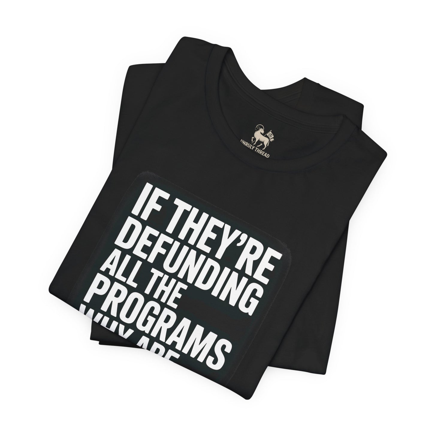 “If They’re Defunding All the Programs Why Are We Paying Taxes?” Unisex Protest Tee – Bella + Canvas 3001 | Made in USA | Unruly Thread Activist Shirt